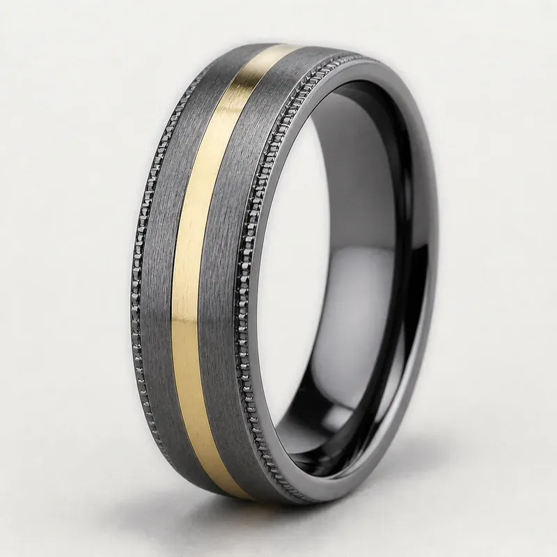tantalum ring with gold groove inlay with gunmetal surface with a central gold groove and milgrain edges, FKS-TA-006