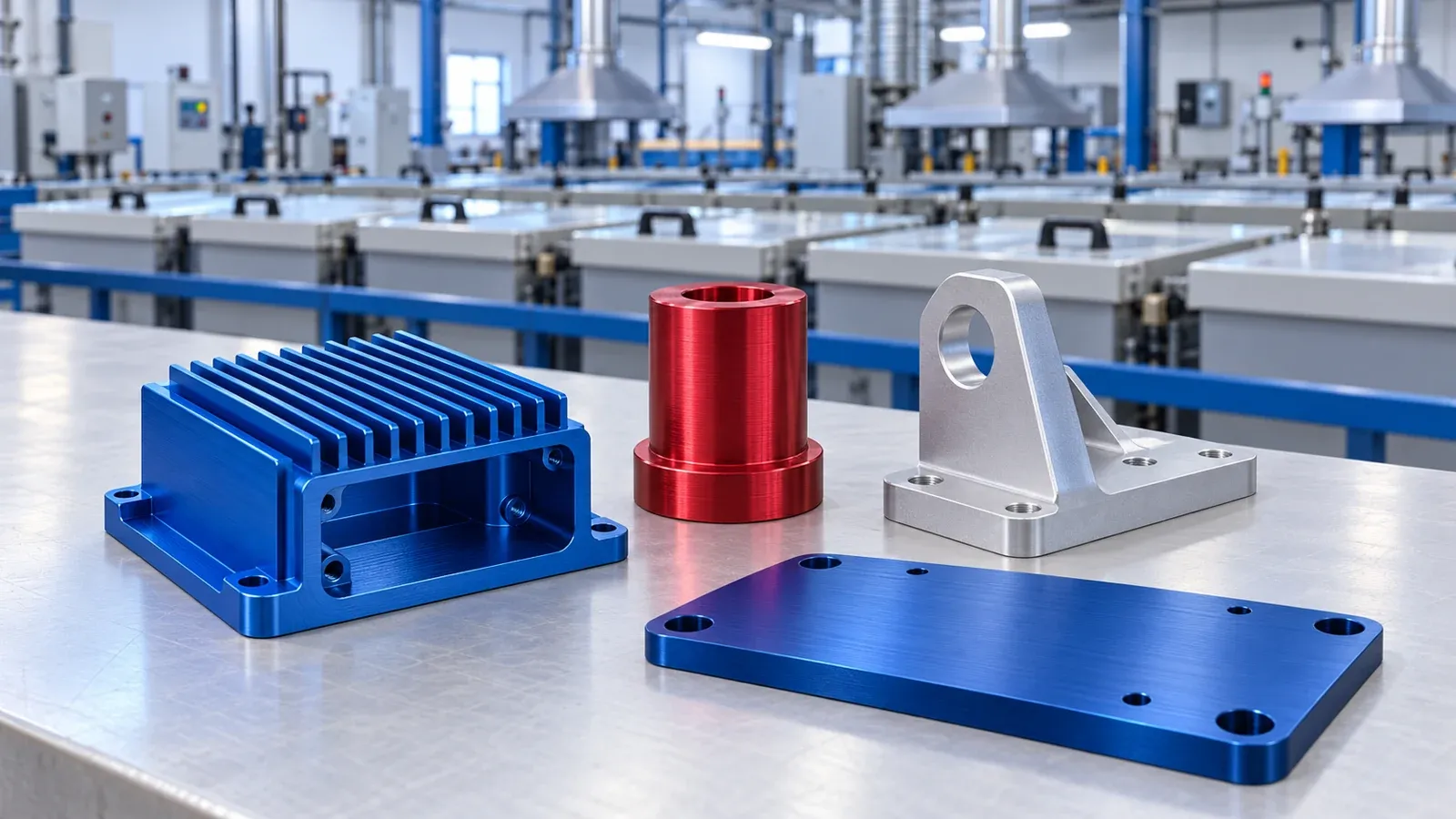 AI-generated illustration of coloured anodized aluminium housings, a bracket, spacer and plate.