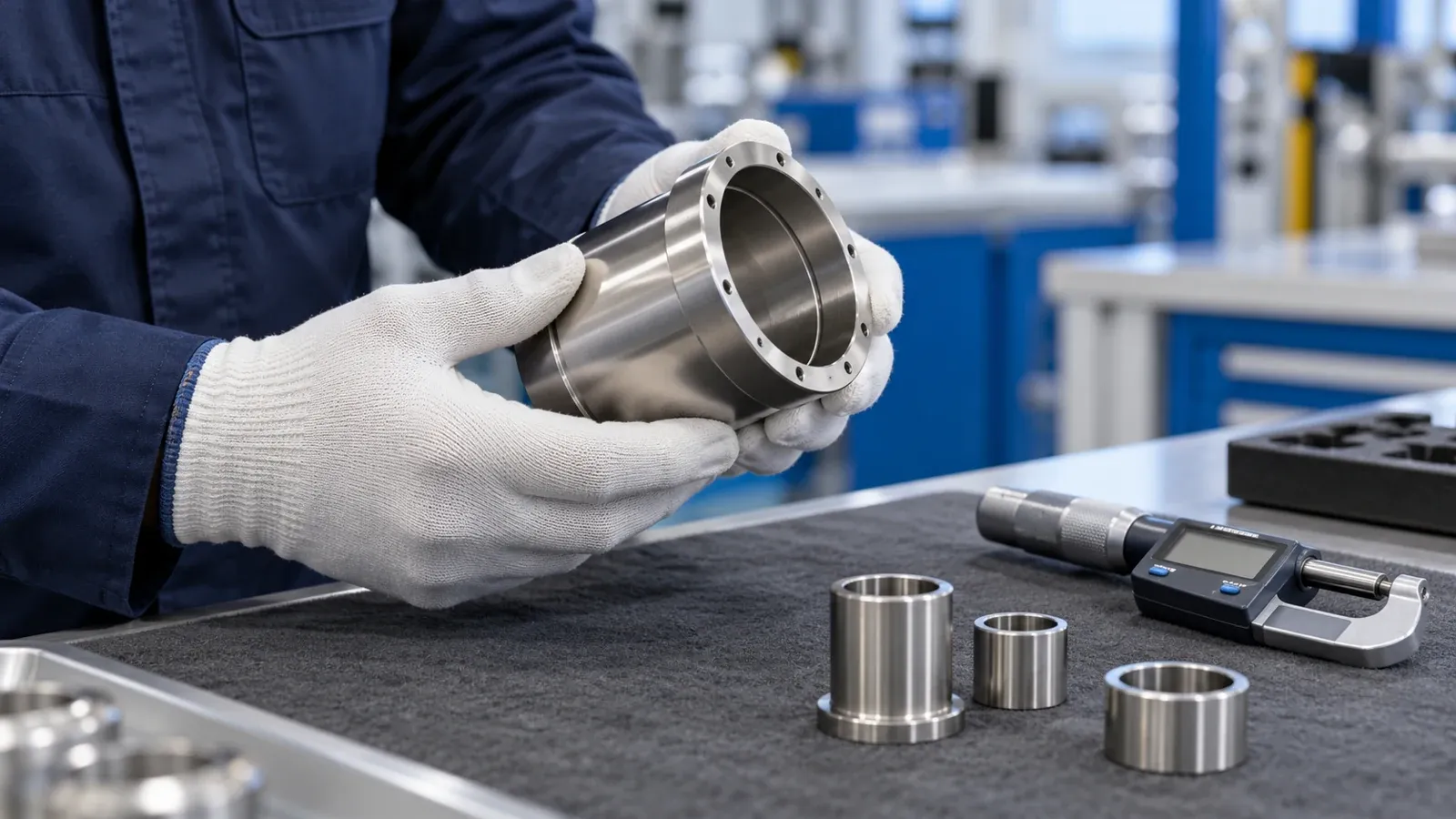 AI-generated illustration of gloved hands inspecting a nickel-finished machined housing.