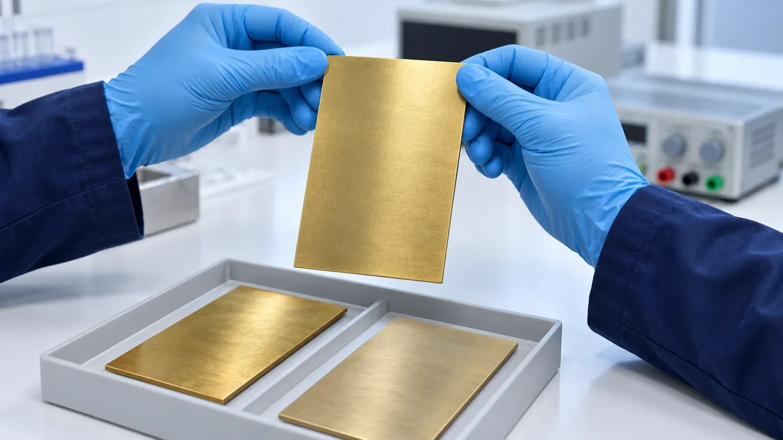 AI-generated illustration of gloved hands holding a brass test panel above a specimen tray.