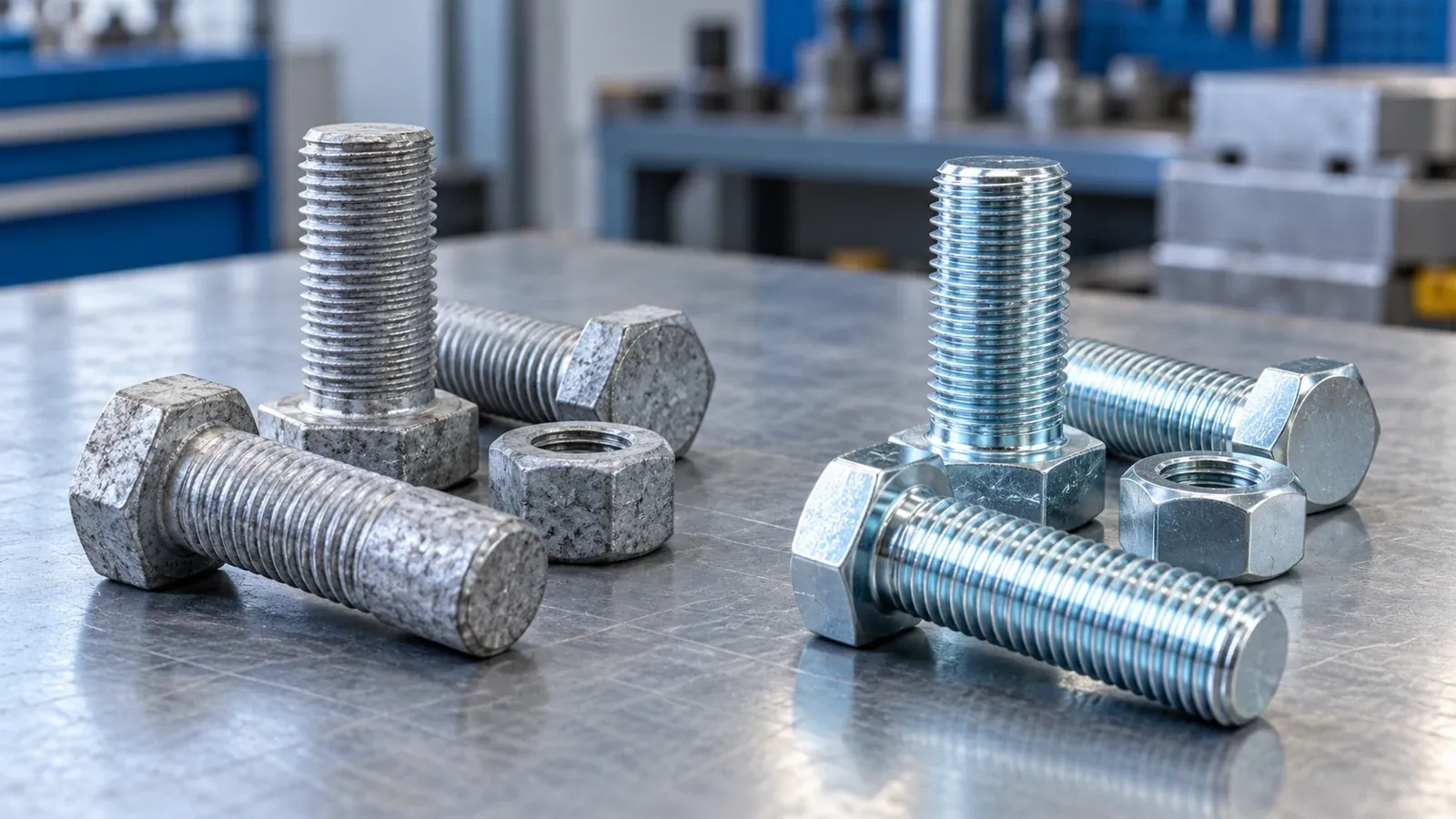 AI-generated illustration of matte and bright zinc-finished steel bolts and nuts on an inspection bench.