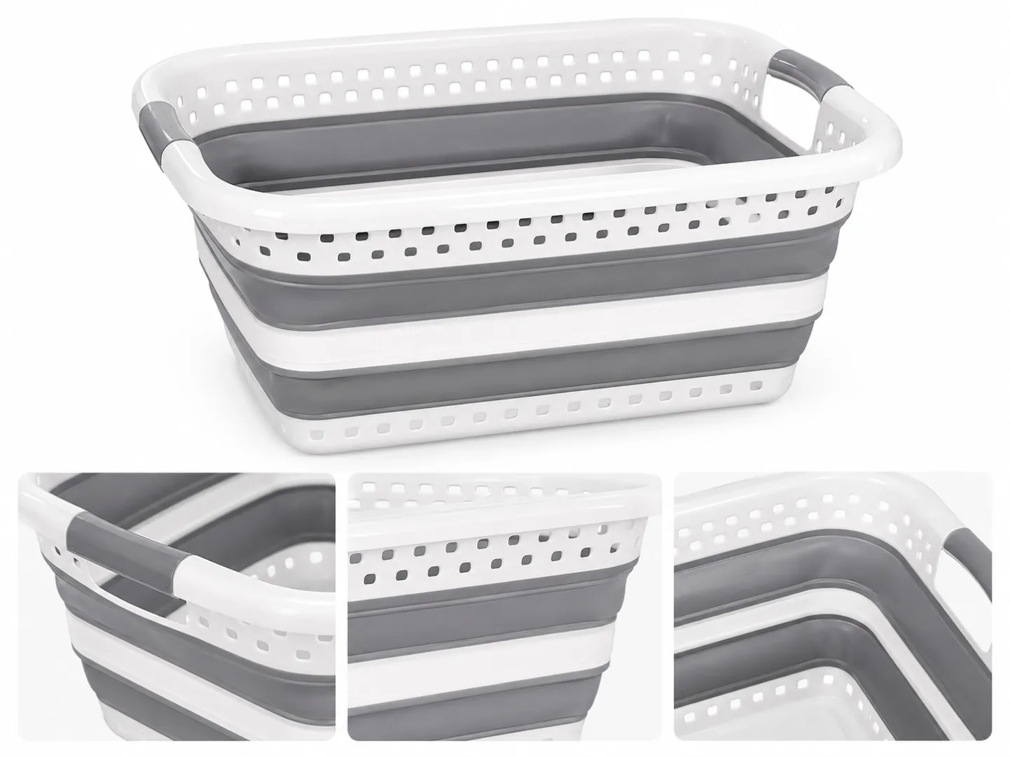 Detail features of 37L foldable laundry basket with side handles, ventilation holes and collapsible body