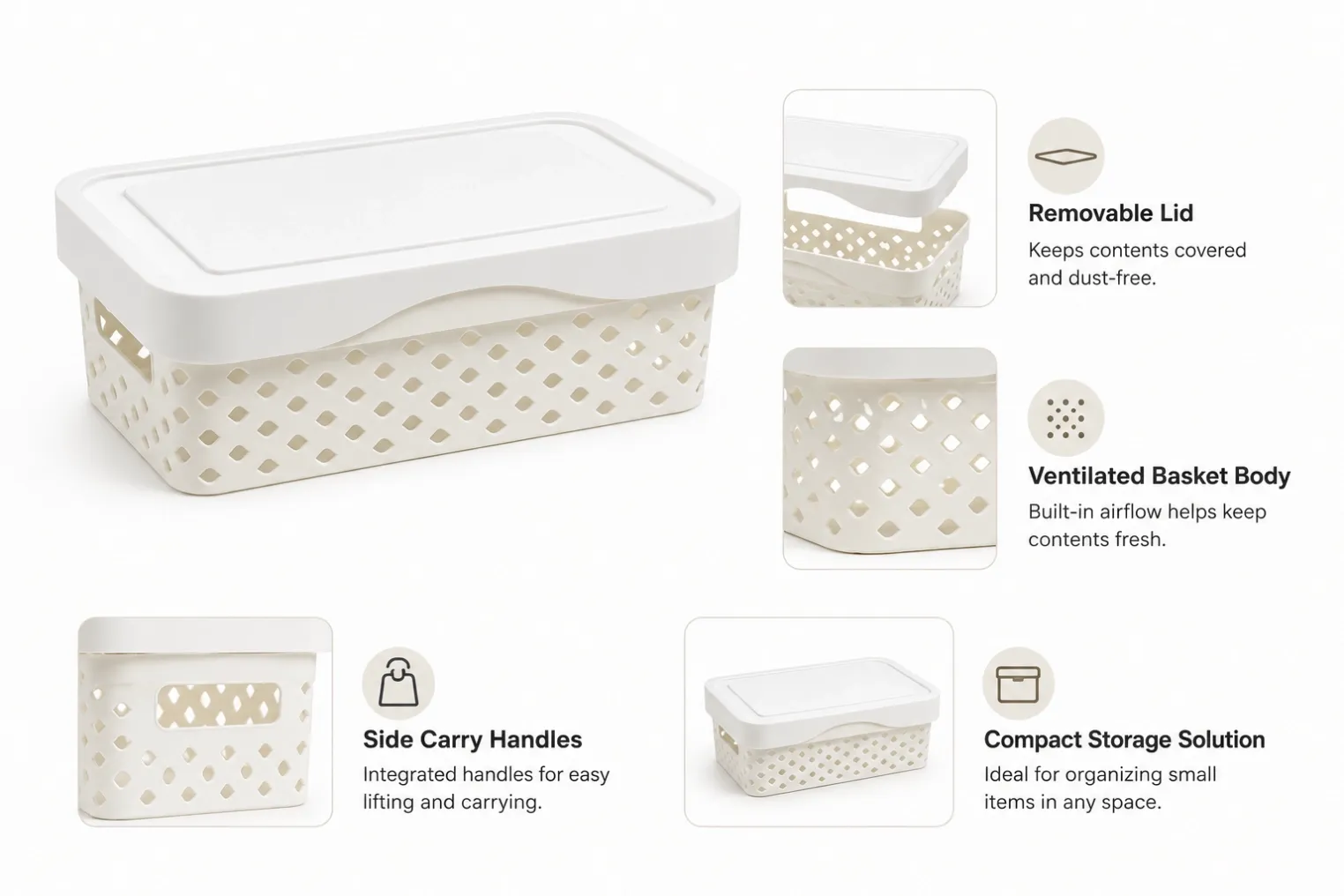 Feature details of ventilated plastic storage basket with removable lid and side cut-out handles