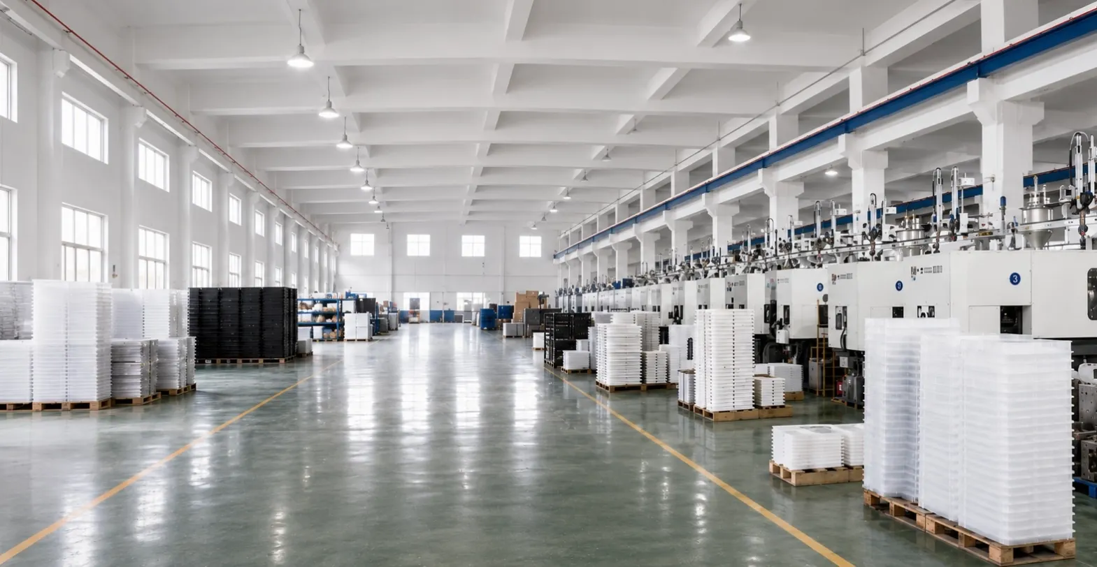 Plastic houseware manufacturer factory with production lines for storage boxes, laundry baskets, waste bins and cleaning products
