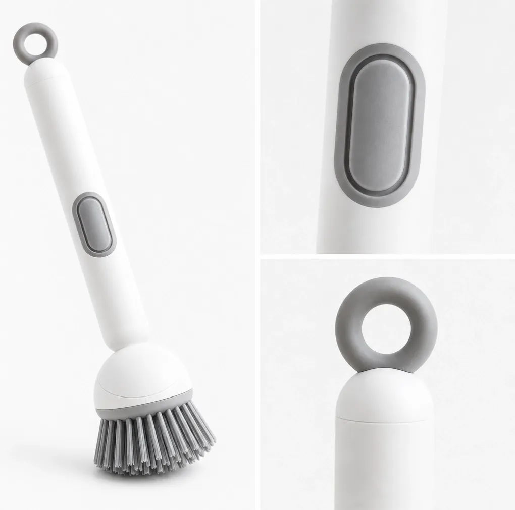 Close-up details of Rotating Liquid Dispensing Dish Brush