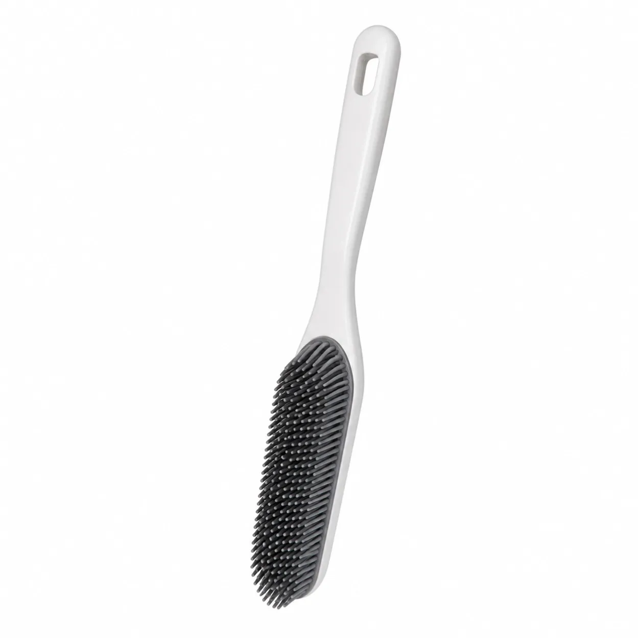 White and gray long handle pet hair cleaning brush with straight TPR bristles and hanging hole.