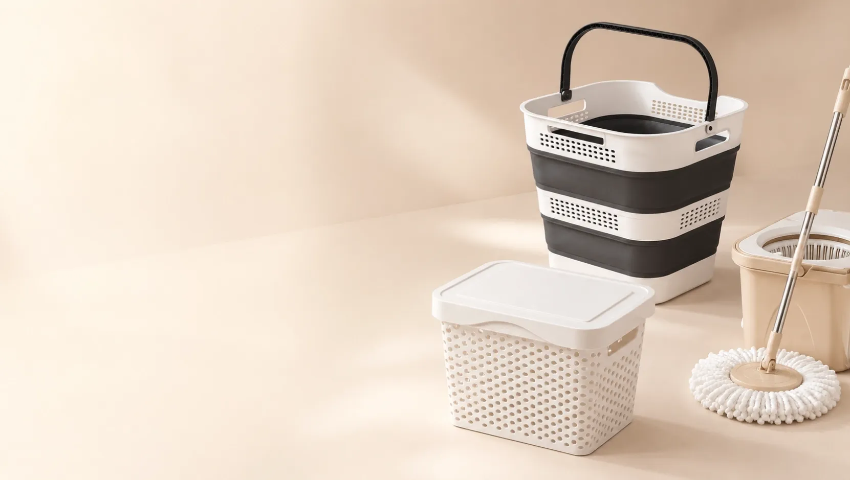 Plastic houseware products including laundry basket, storage box and cleaning tools for OEM and ODM private label projects