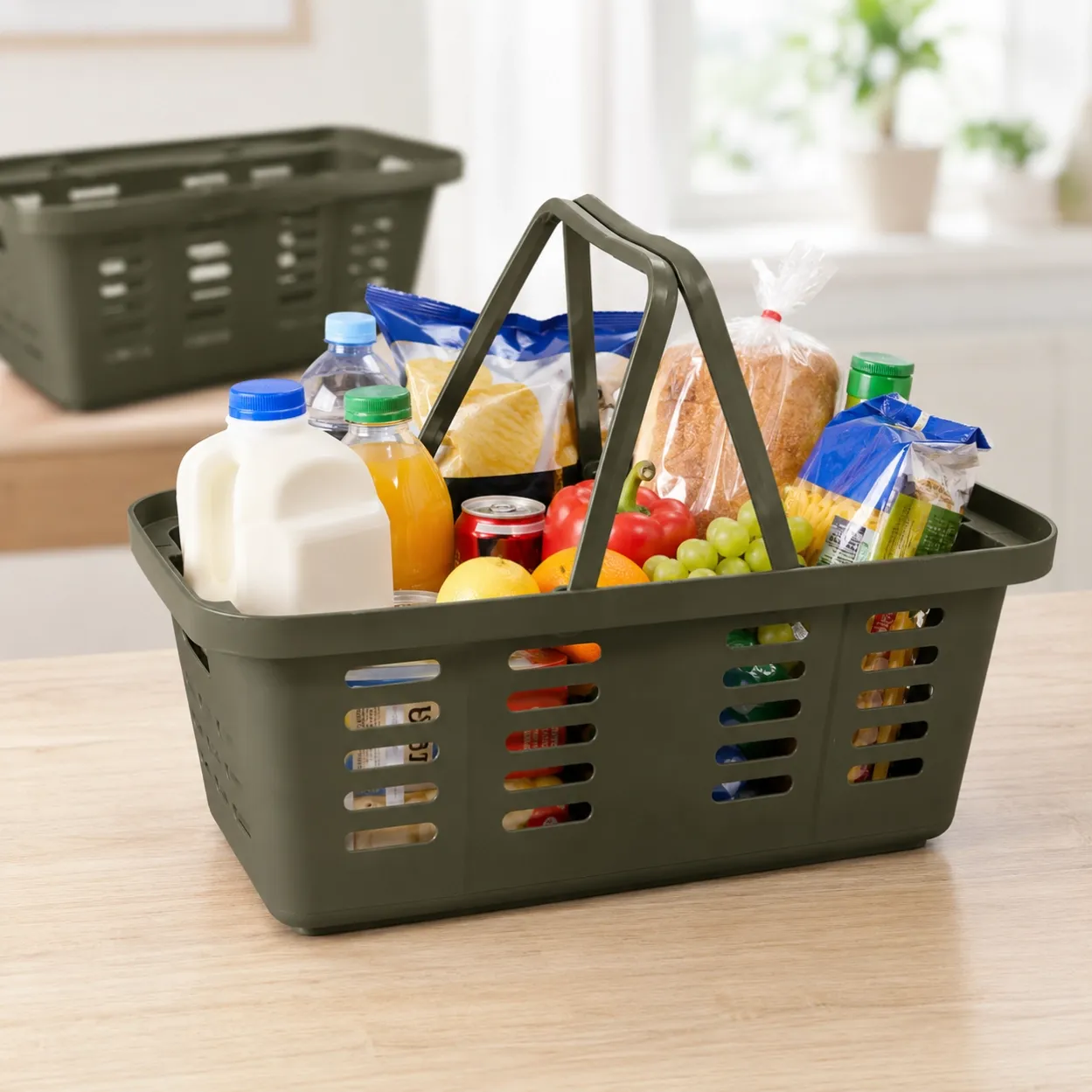 37L plastic grocery shopping basket used for supermarket shopping and grocery carrying