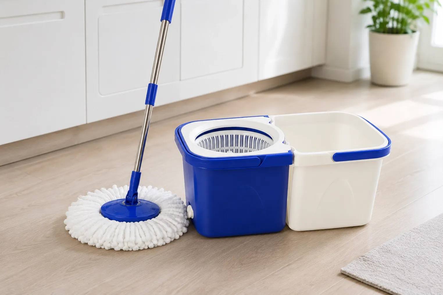 Dual chamber spin mop and bucket set used for home kitchen bathroom and office floor cleaning