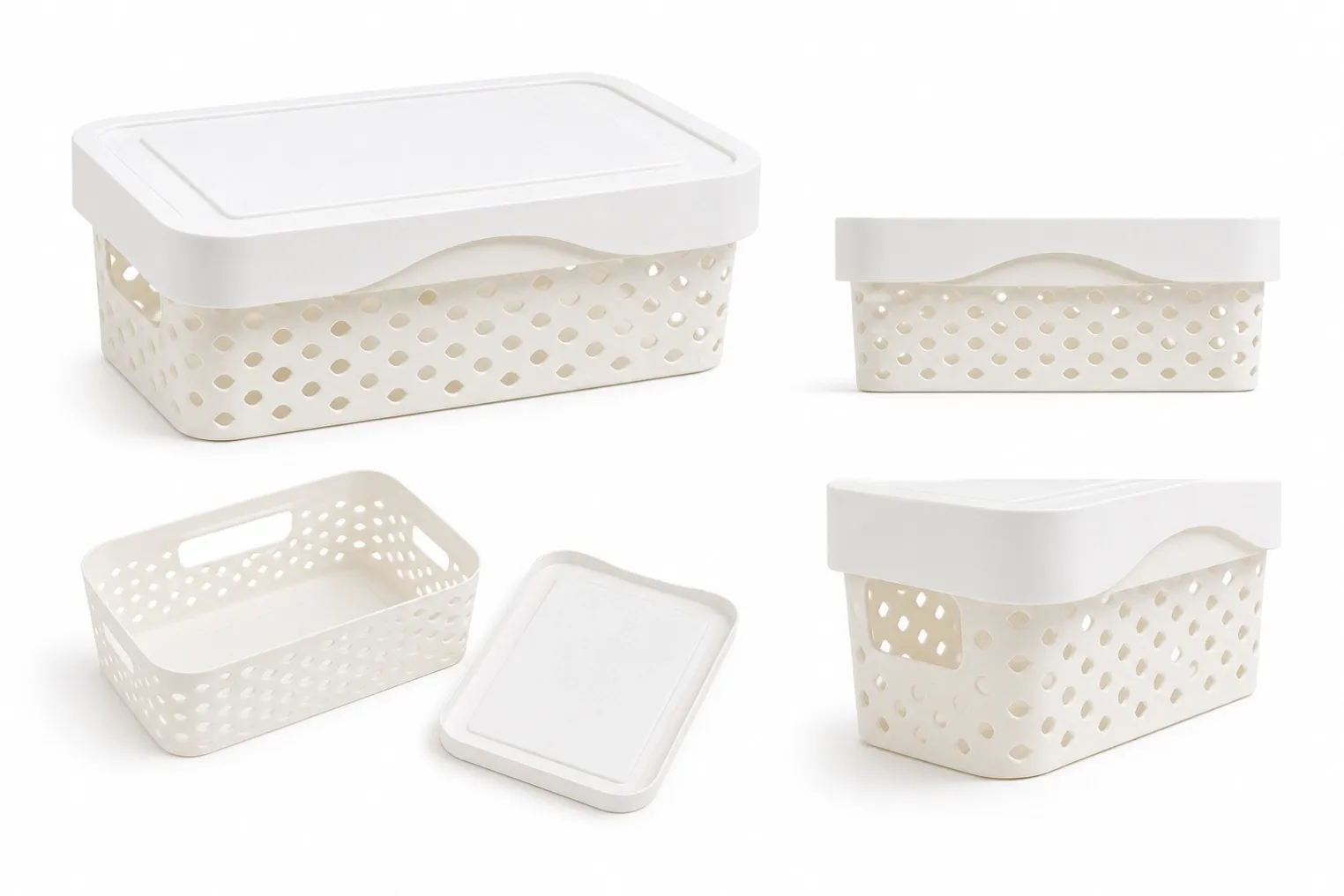 Multi-angle view of 8L ventilated plastic storage basket with removable lid