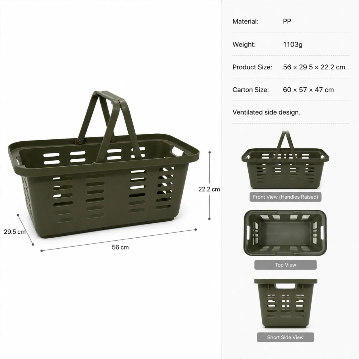 Specification table of 37L plastic grocery shopping basket showing material, color, capacity, size and weight