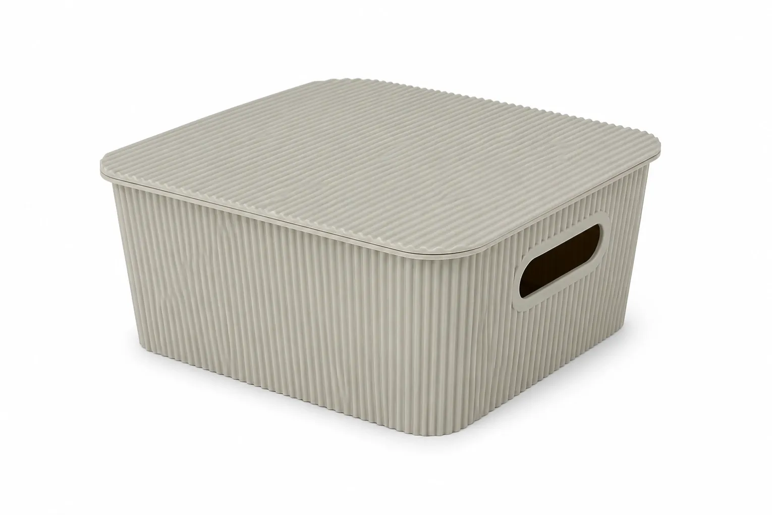5L ribbed plastic storage box with removable lid in light grey green color