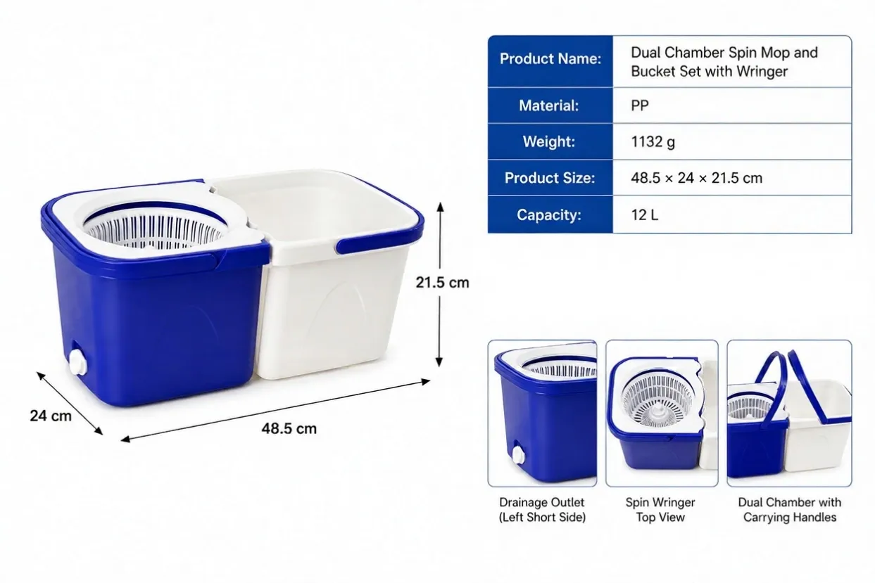 Specification table of dual chamber spin mop and bucket set showing material, color, capacity, size and weight