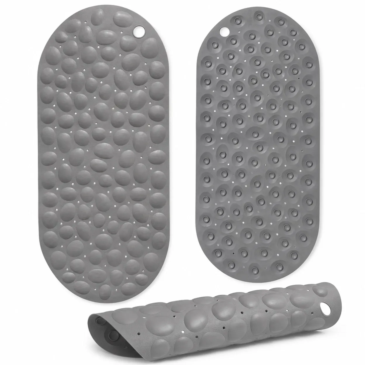 Multiple angle views of Gray Pebble Suction Bath Mat