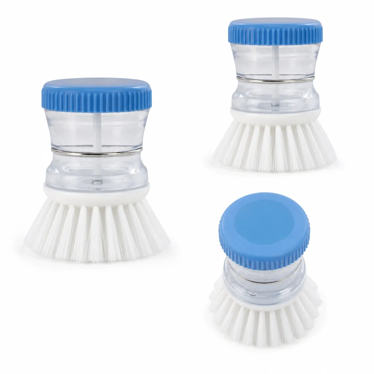 Multiple angle views of Press Soap Dispensing Dish Brush