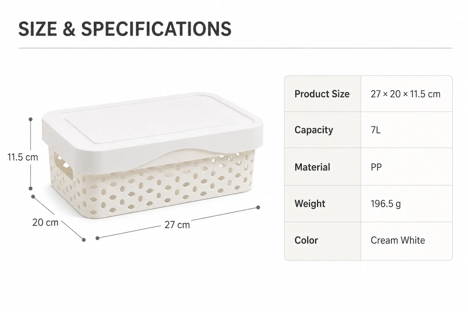 Size chart of 8L ventilated plastic storage basket showing product size, capacity, material and weight