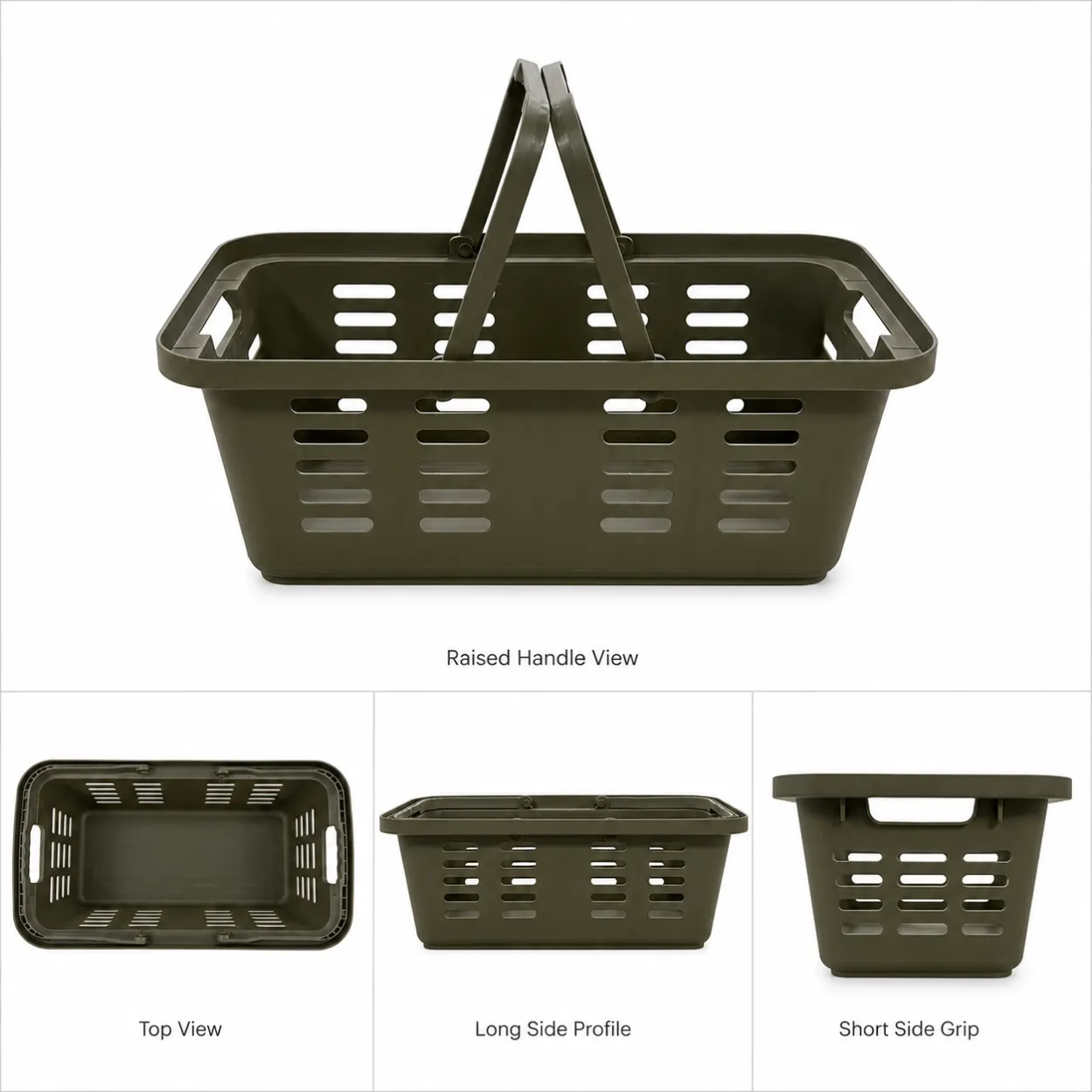 37L plastic grocery shopping basket shown from raised handle view, top view, long side view and short side view