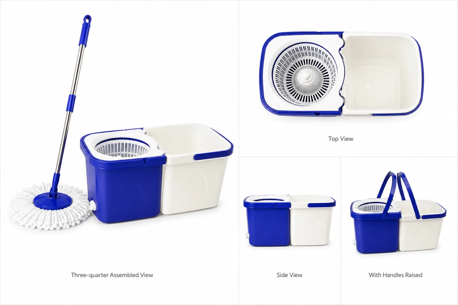 Dual chamber spin mop bucket set shown with top view, side view, mop handle and mop head parts
