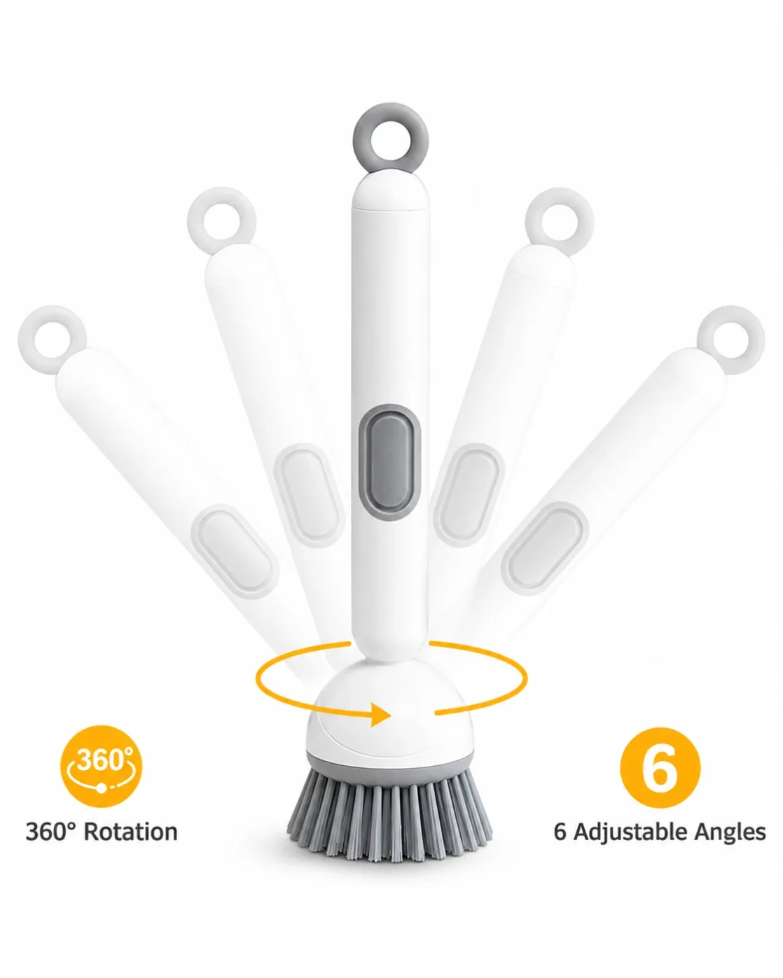 White and gray liquid dispensing dish brush with 360-degree rotating head, 6 adjustable angles, press button, hanging ring and silicone bristles.