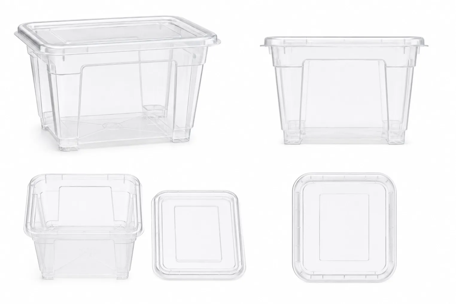 Multi-angle view of 20L clear stackable plastic storage box with removable lid