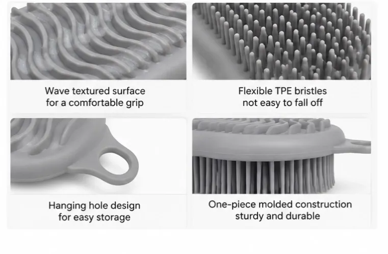 Close-up of wave-textured rubbing surface flexible TPE bristles and hanging hole