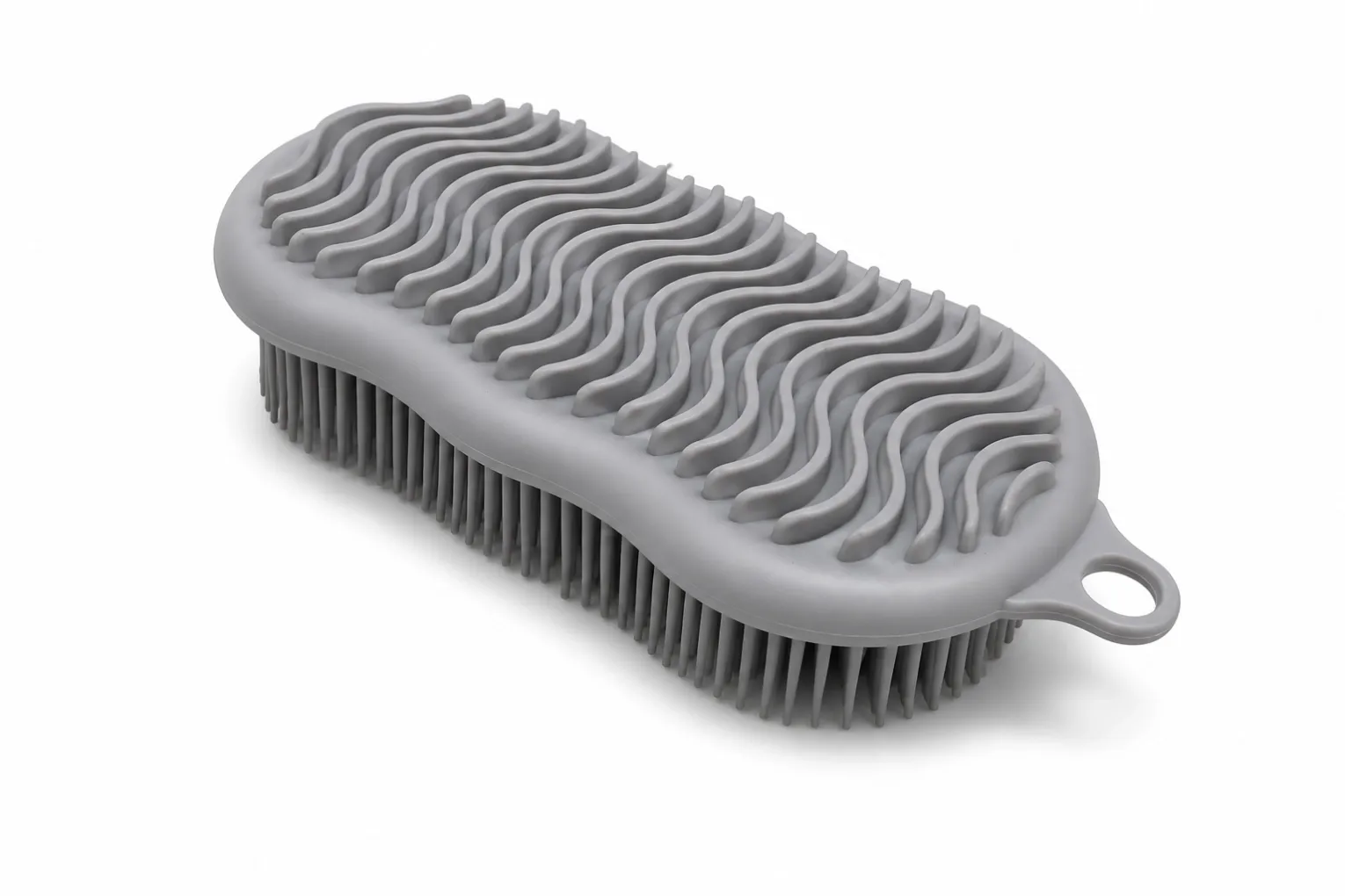 Gray dual-sided TPE laundry scrub brush with flexible bristles and hanging hole