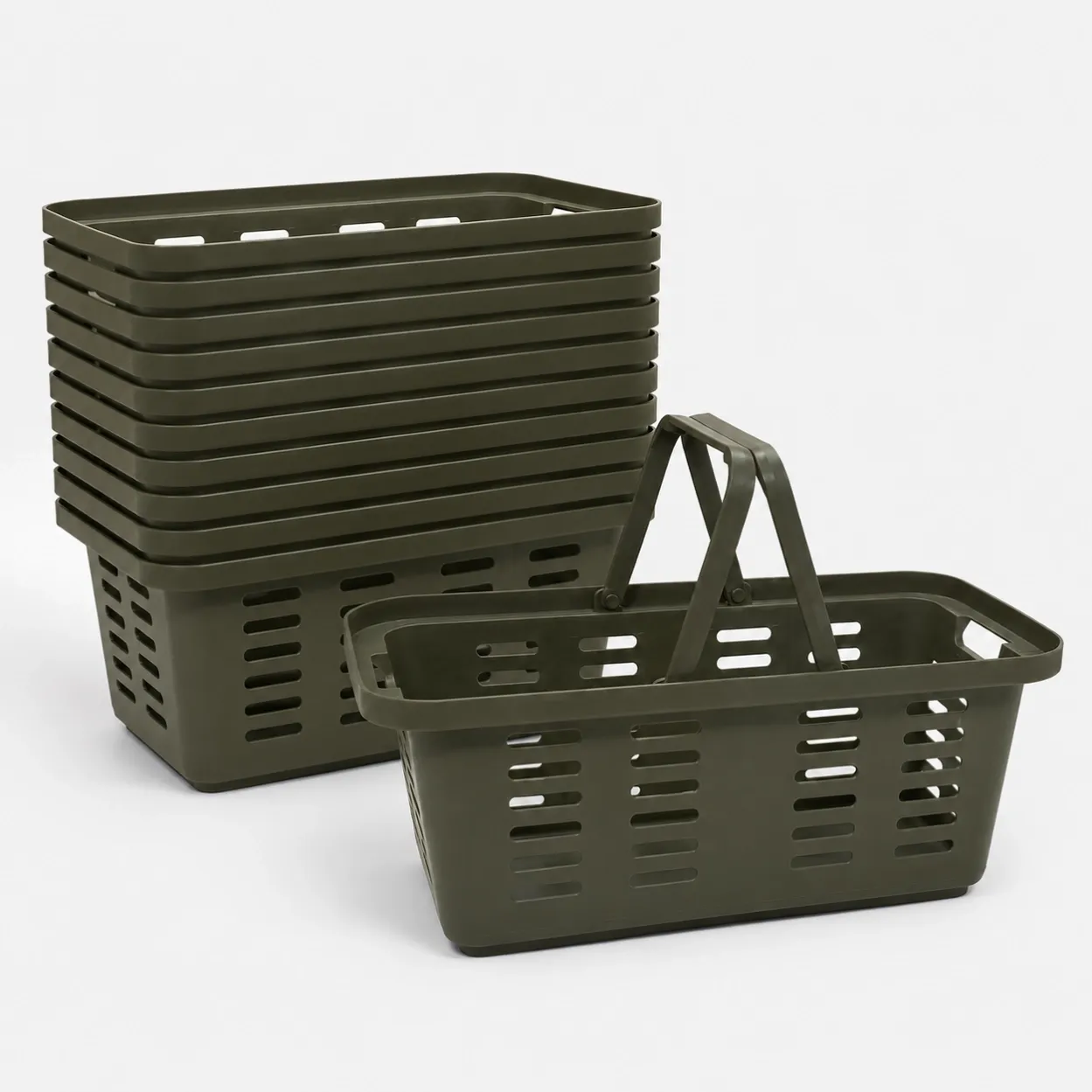 37L dark green stackable plastic grocery shopping basket with handles and ventilated side panels