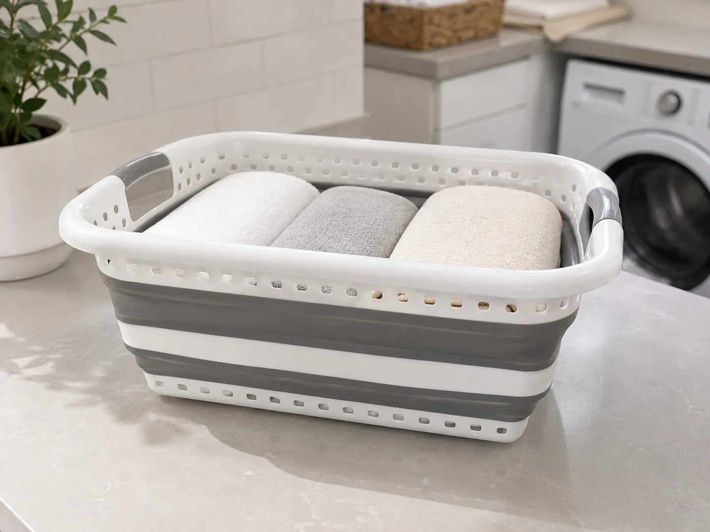 37L low profile collapsible laundry basket used in laundry room for clothes and towels