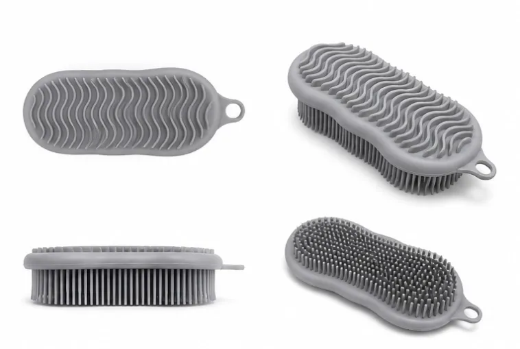 Dual-sided TPE scrub brush showing wave-textured surface and flexible bristle side