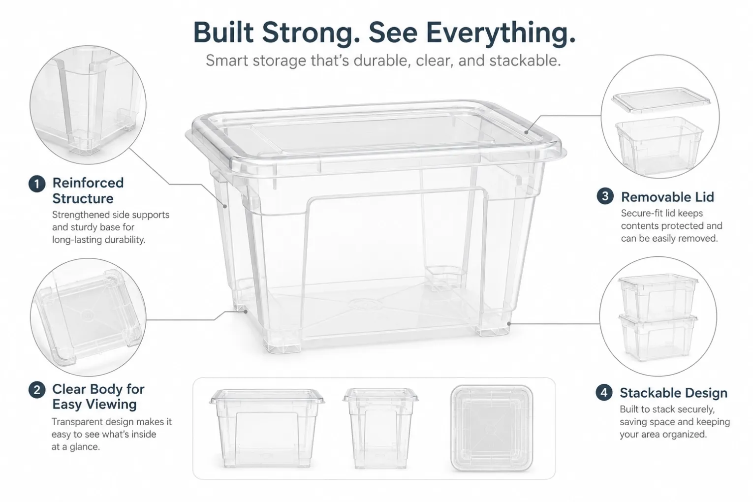 Feature details of reinforced clear PP storage box with removable lid and stackable design