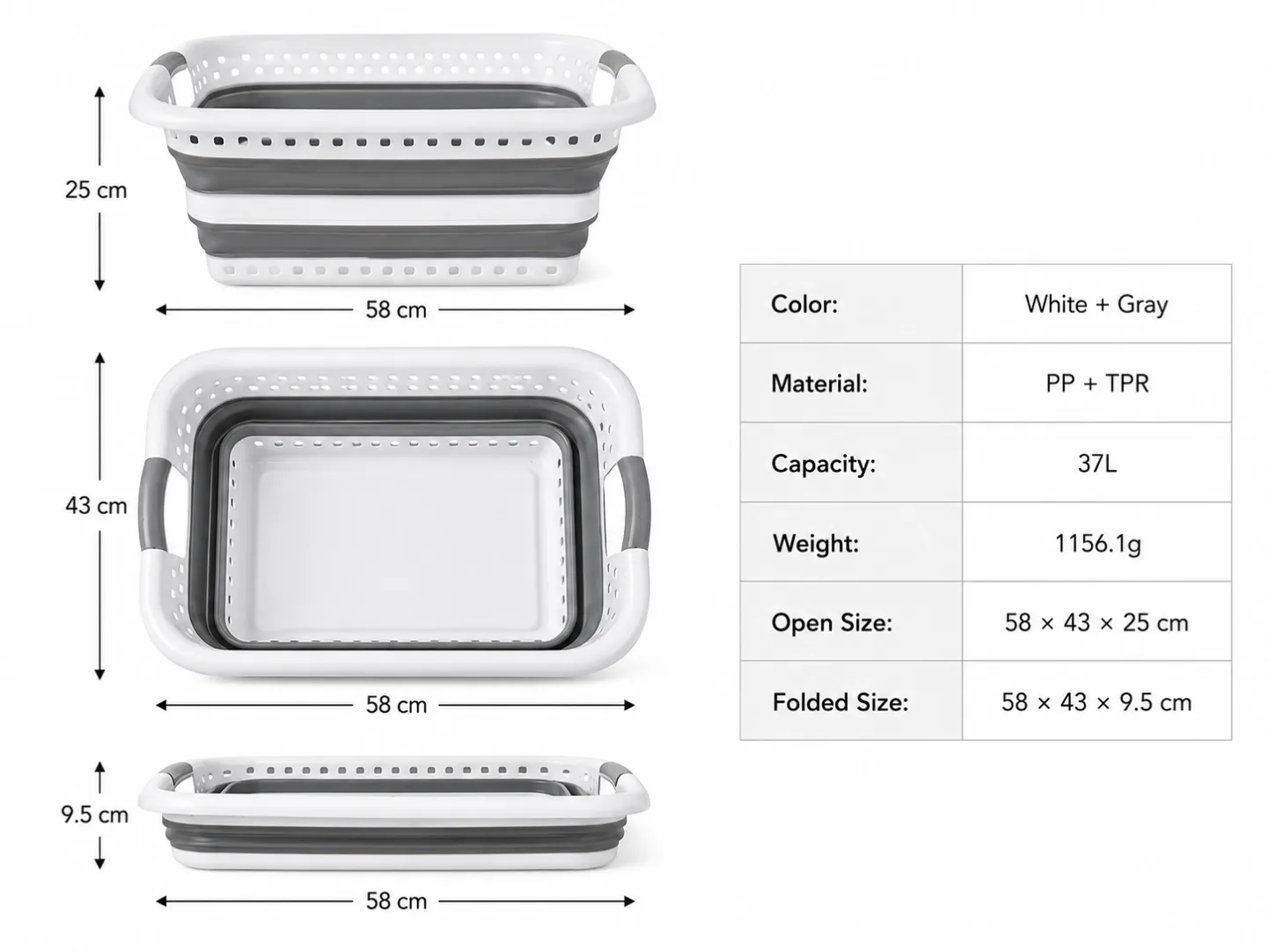 Specification table of 37L collapsible laundry basket showing material, color, capacity, size and weight