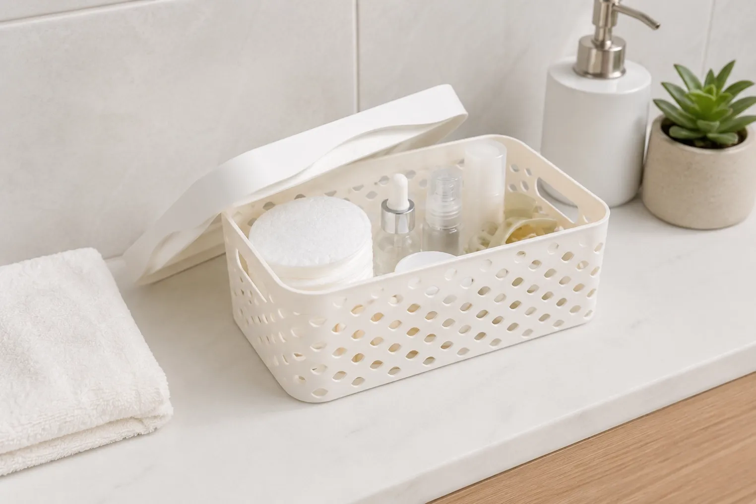 8L ventilated plastic storage basket used for bathroom and closet small item organization