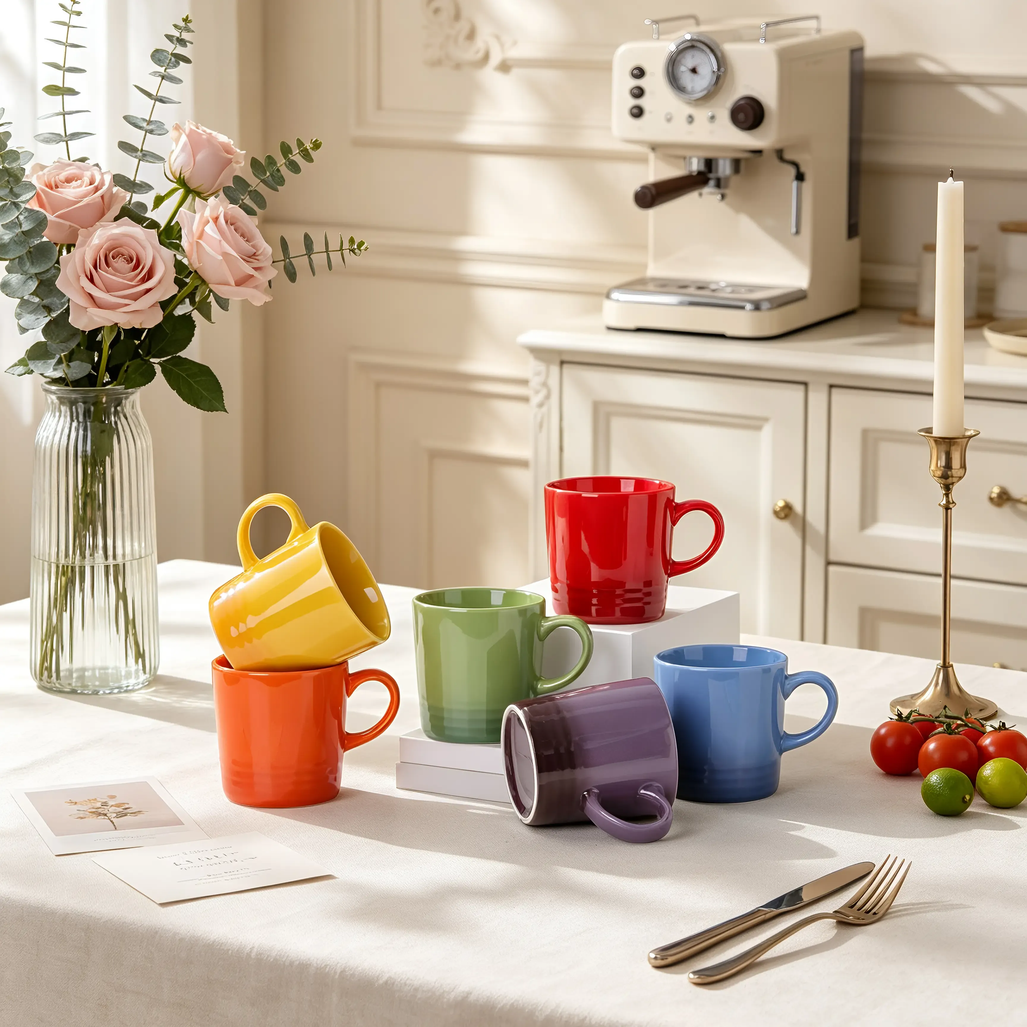 Reactive-glaze ceramic mugs styled with roses and a coffee machine on a linen table