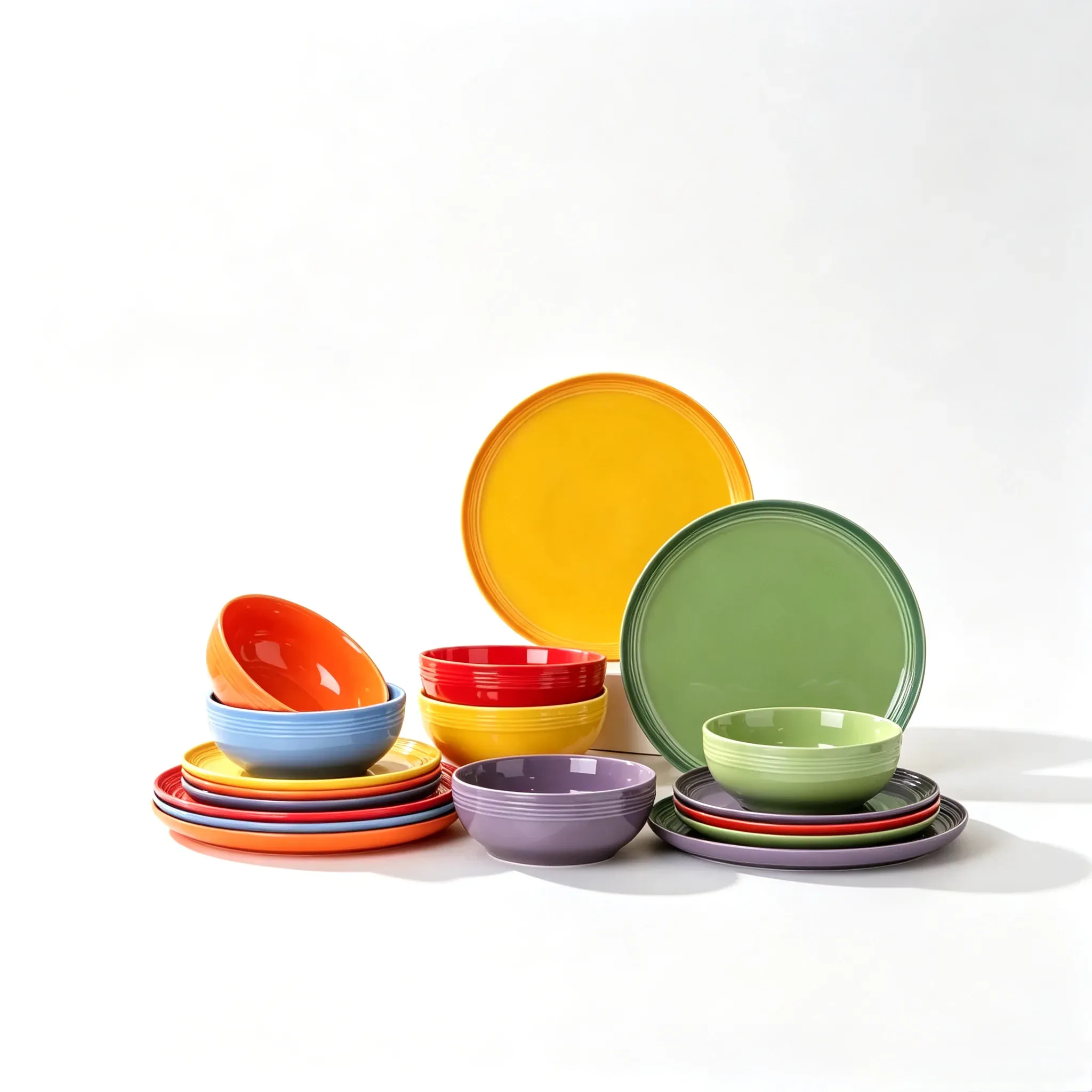 Colourful ceramic dinner set with mixed red, orange, yellow, green, blue and purple plates and bowls