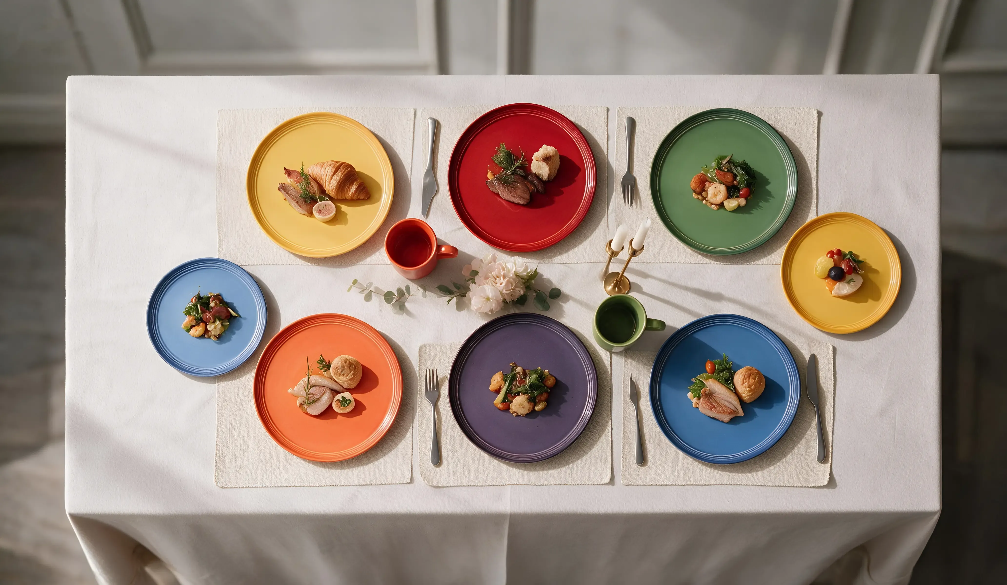Person serving a colourful reactive-glaze dinnerware set at a bright dining table
