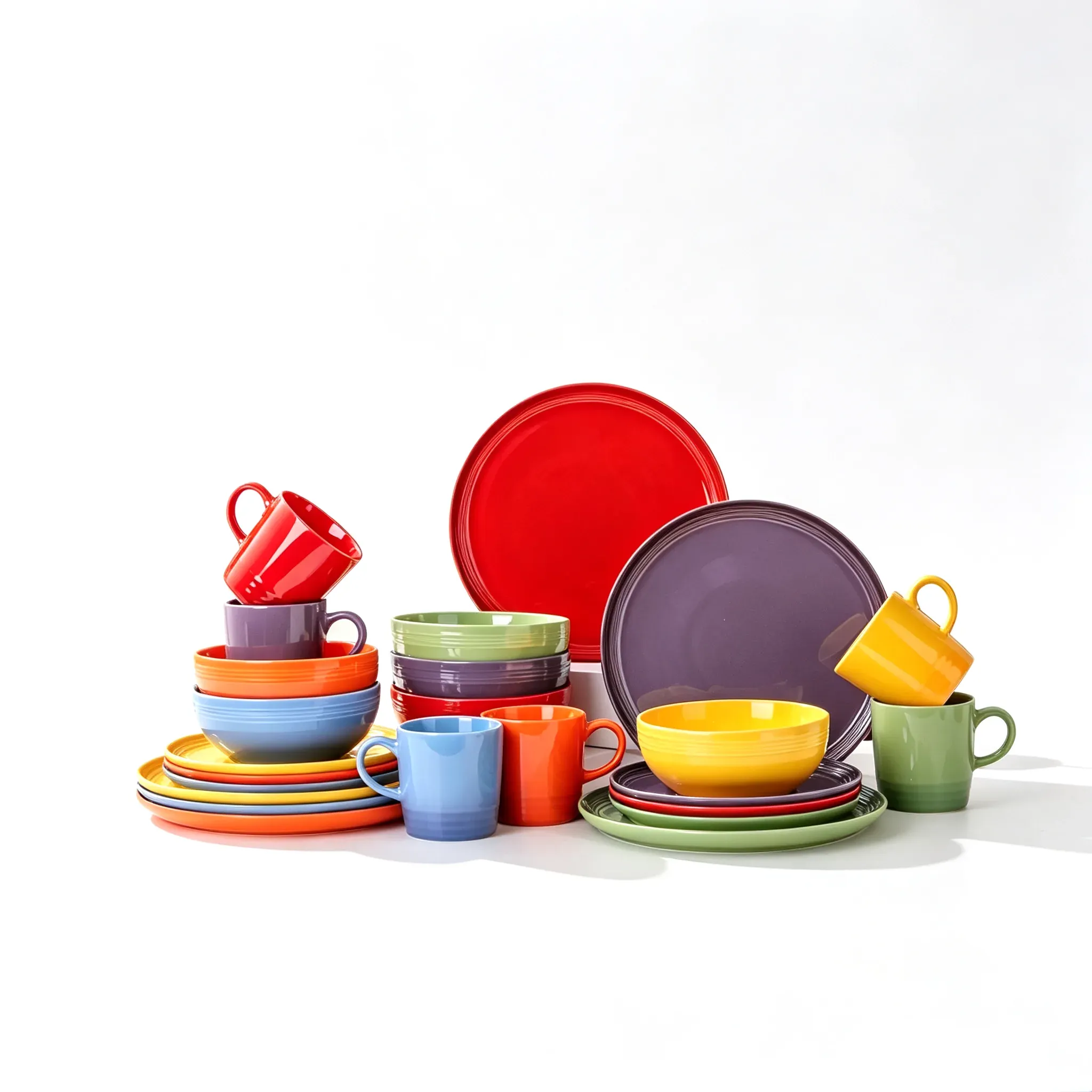 Six-colour reactive-glaze ceramic dinner set: dinner plates, side plates, bowls and mugs stacked on a white background