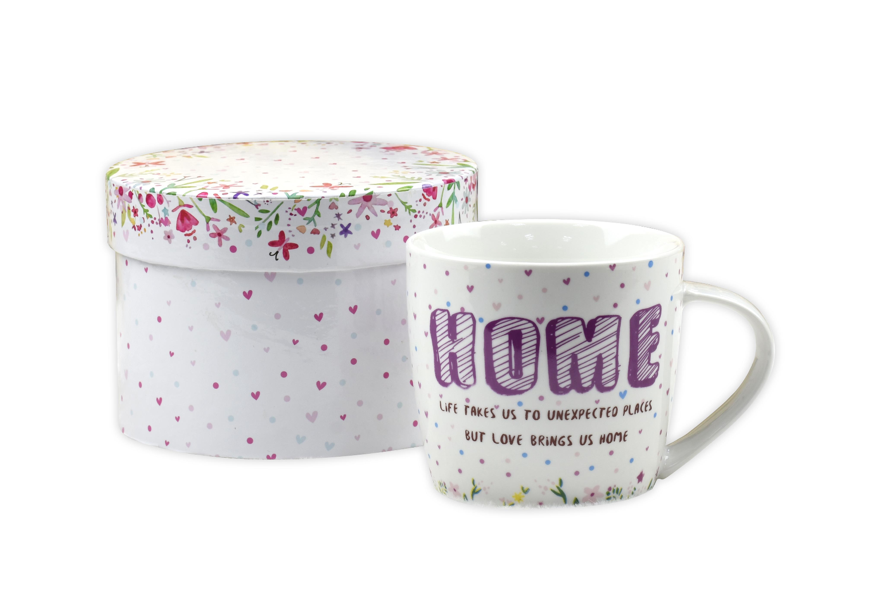 HOME message ceramic mug with floral accents and matching printed gift box