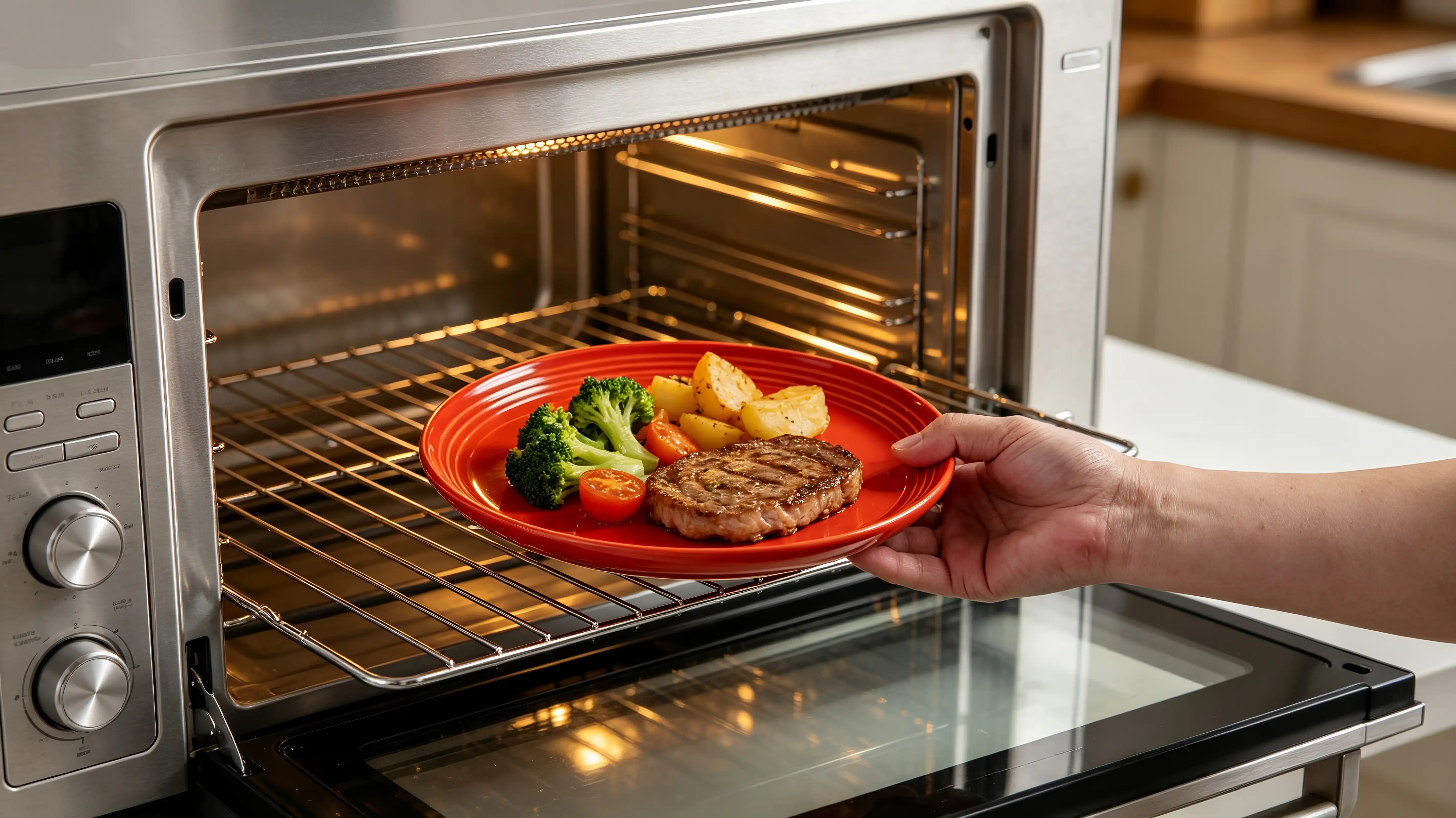 Hand taking a red ceramic plate with grilled steak and vegetables out of an oven