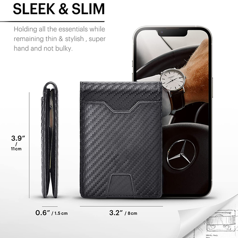 Slim money clip wallet, phone for scale