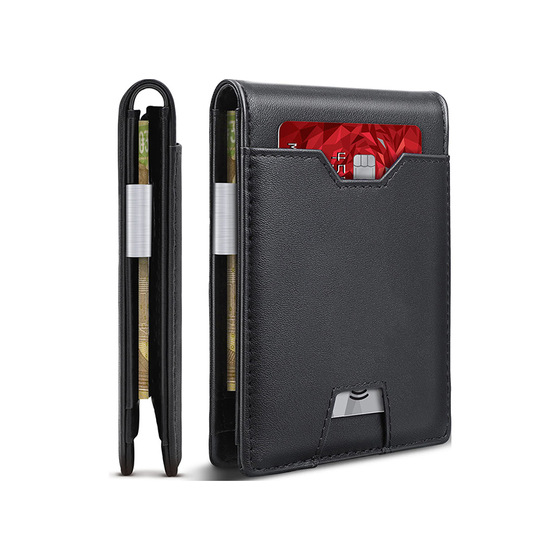 Black front pocket wallet holding cards and cash