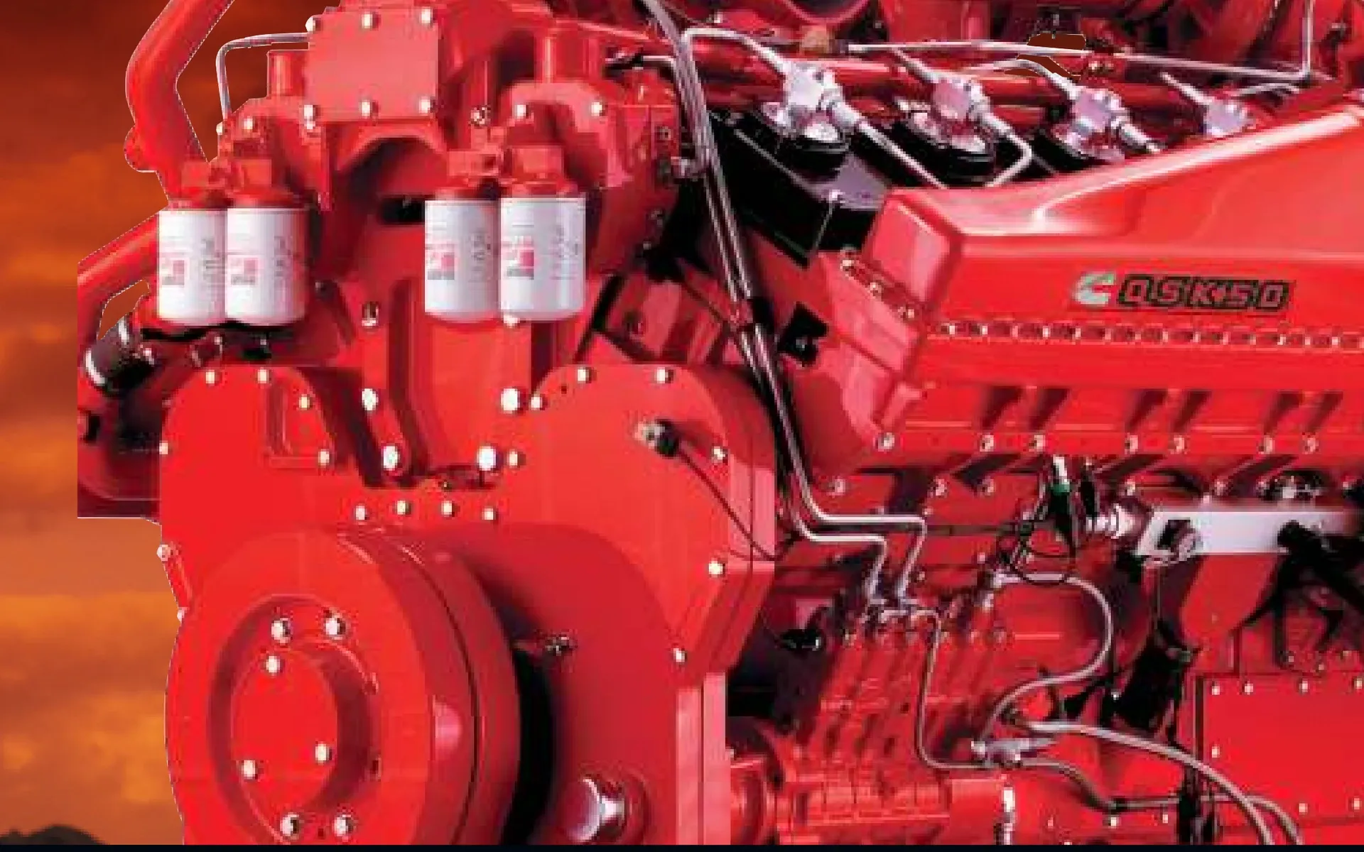 Cummins QSK50 diesel engine, red painted, staged for pre-shipment verification