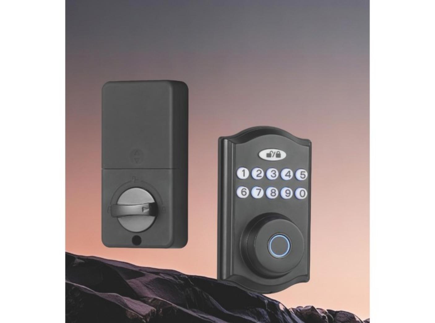 Smart Digital Deadbolt with Bluetooth connectivity. Unlocking methods: Fingerprint / Password / Key / App. Zinc Alloy / Flame-Retardant ABS body, Level B lock cylinder, for wooden or metal d
