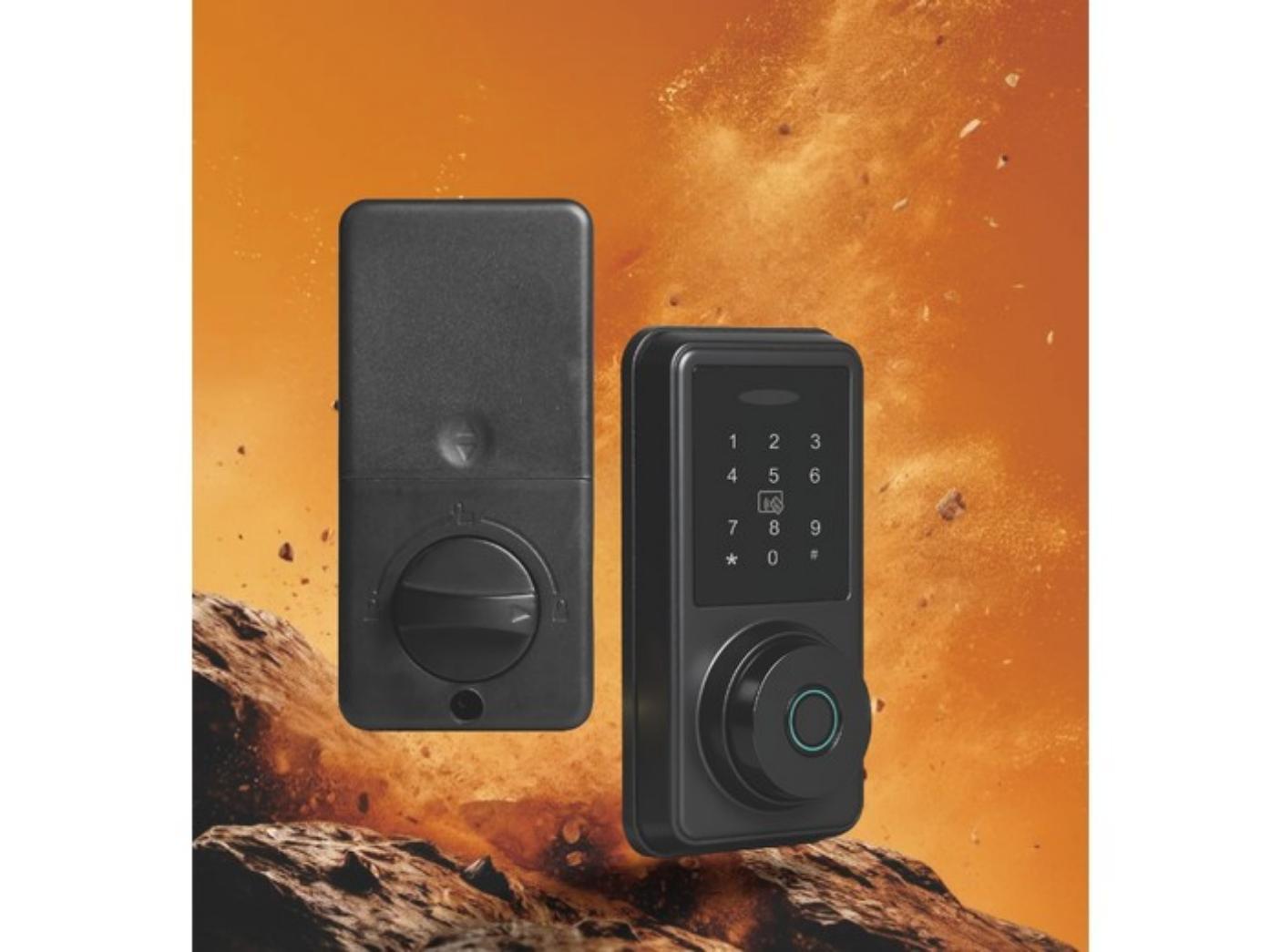 Smart Digital Deadbolt with Bluetooth connectivity. Unlocking methods: Fingerprint / Password / IC Card / Key / App. Zinc Alloy / Flame-Retardant ABS body, Level B lock cylinder, for wooden