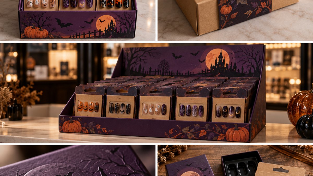 Dark Halloween press-on nail packaging box with metallic foil and a glowing accent print