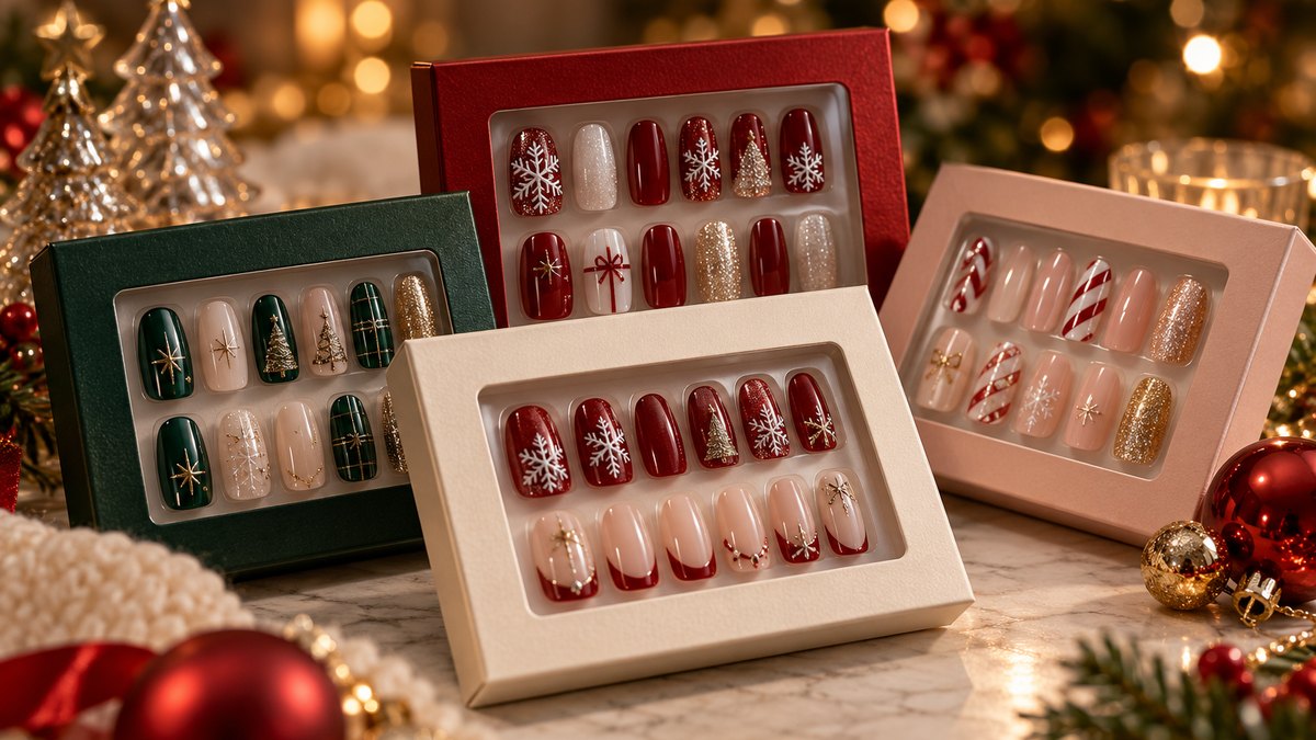 A retail display of Christmas press-on nail sets with a small removable seasonal marker