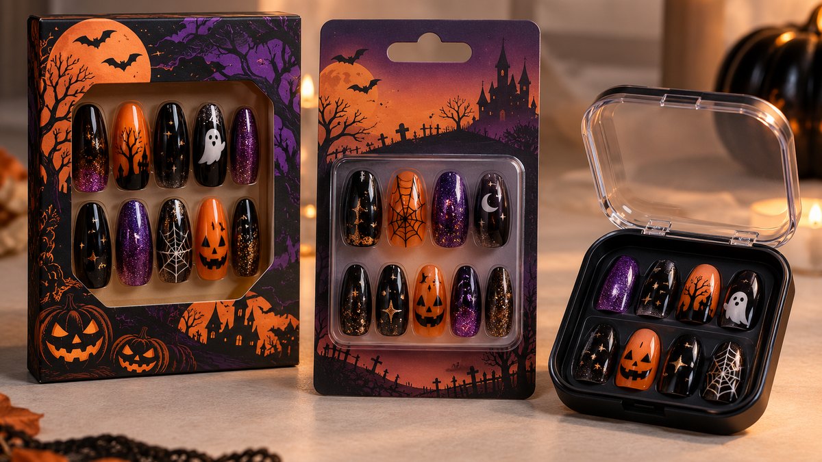 Flat shipping-safe pack of press-on nails with a printed size chart