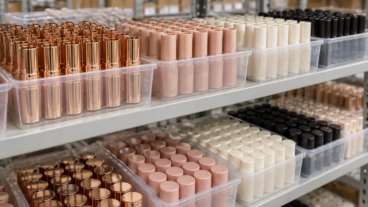 Stock cosmetic packaging components held in an inventory box