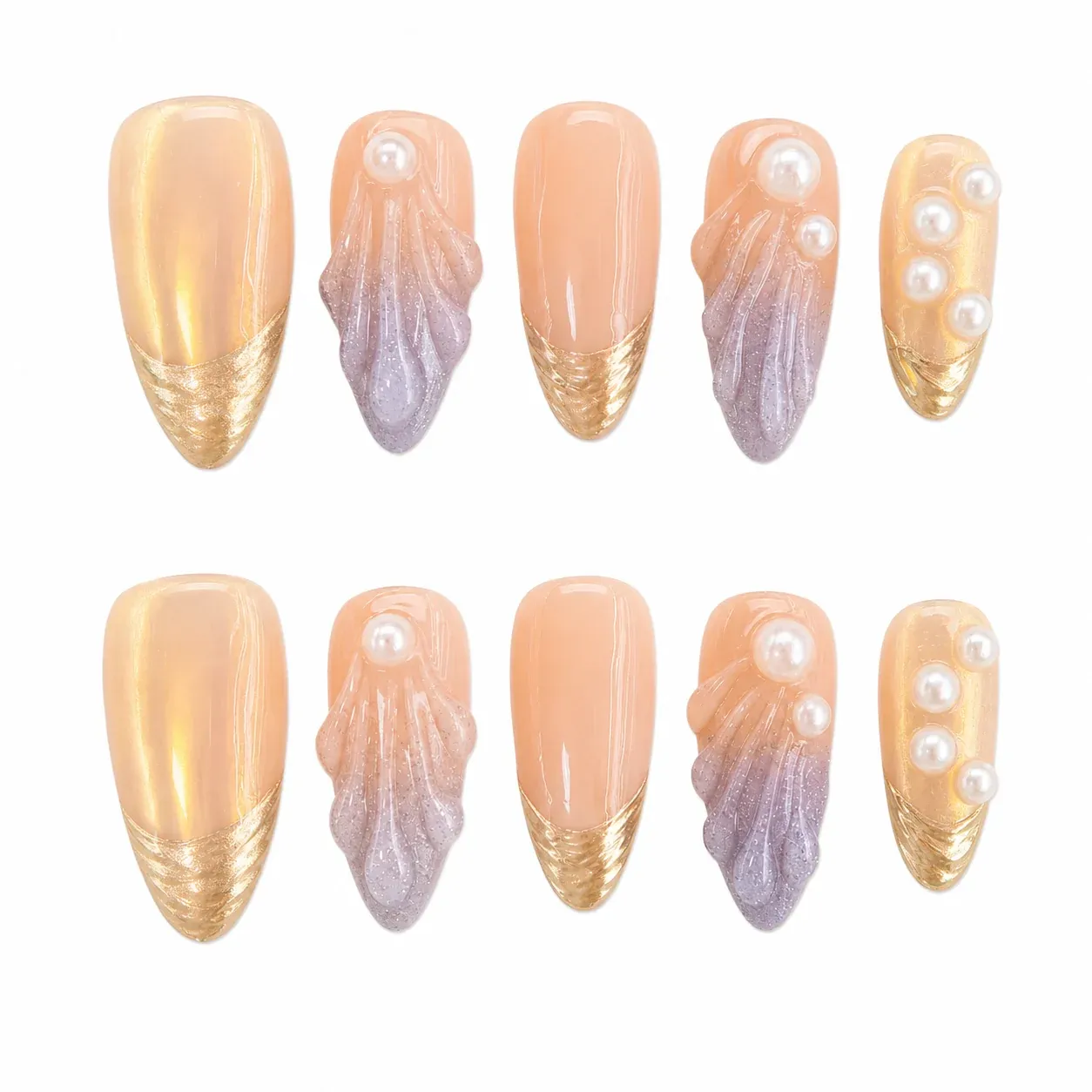 Gold and lavender shell pearl press-on nail set from a wholesale range