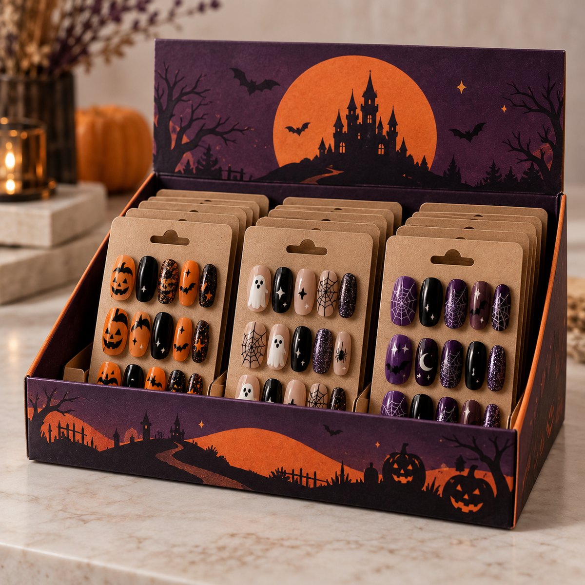 Halloween themed press-on nail retail display box with kraft cards