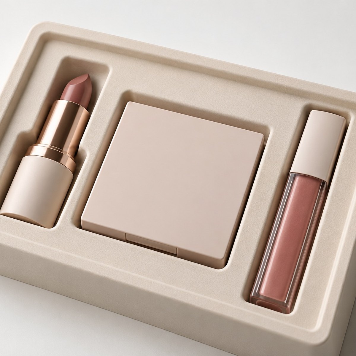 Open gift set box holding a lipstick an eyeshadow palette and a lip gloss